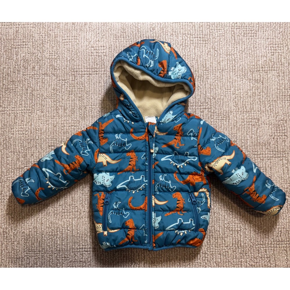 Little Beginnings Baby Boys Dinosaur Puffer Jacket Fleece Lined Teal Blue 18M